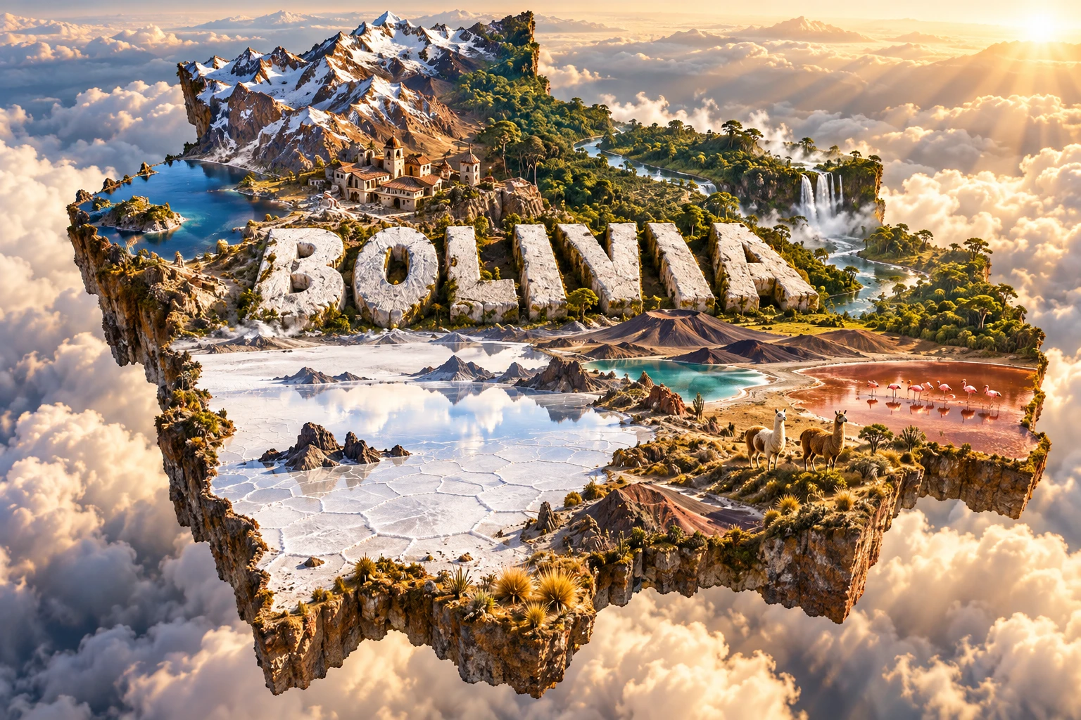 Conceptual 3D illustration of Bolivia combining Salar de Uyuni, Andean peaks, Lake Titicaca, highland lagoons, rainforest, llamas and flamingos.