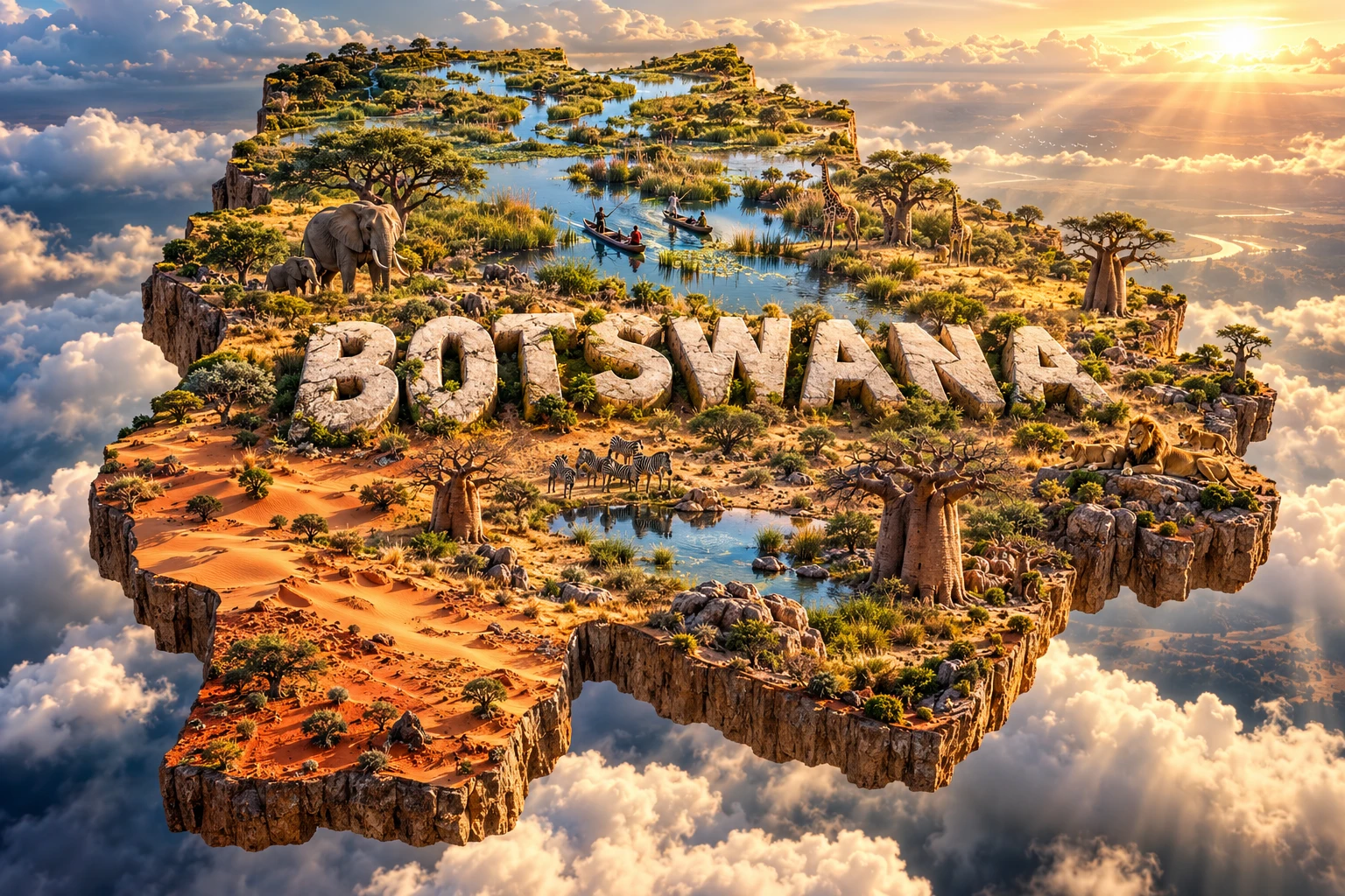 Conceptual 3D illustration of Botswana combining Okavango waterways, Kalahari savanna, baobabs, elephants, giraffes, lions, zebras and a mokoro canoe.