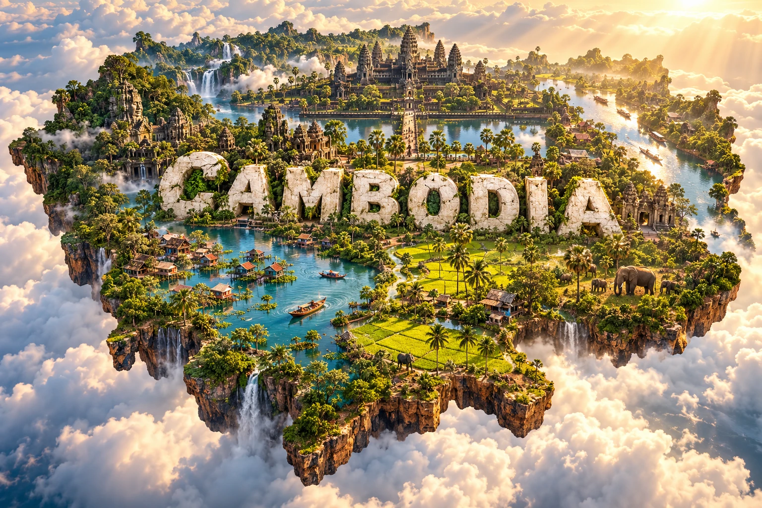 Conceptual 3D illustration of Cambodia combining Angkor-inspired temple towers, forest ruins, Tonlé Sap, rice paddies, palm trees, waterways and an Asian elephant.