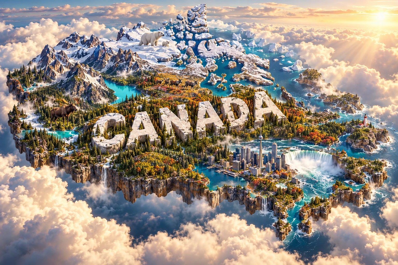 Conceptual 3D artwork shaped like Canada, combining the Rocky Mountains, glacial lakes, Niagara Falls, boreal forest, coastlines, a city skyline, polar bears, moose and caribou.