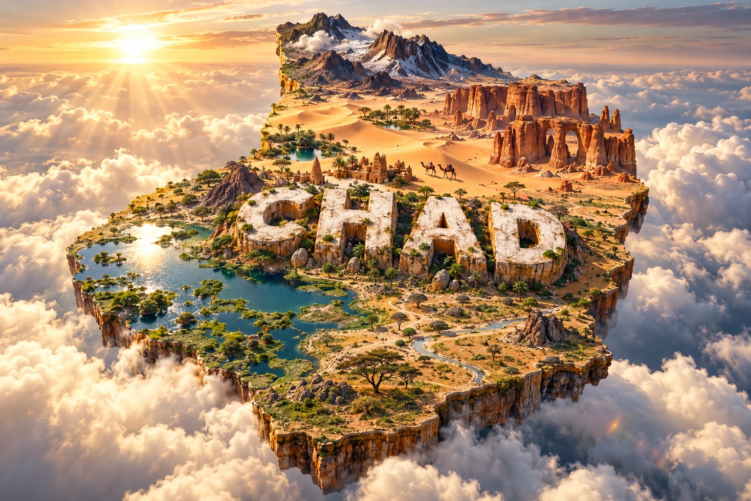 Conceptual 3D illustration of Chad combining Lake Chad, Sahara dunes, Ennedi sandstone arches, Tibesti volcanic mountains, oases, camels and Sahelian architecture.