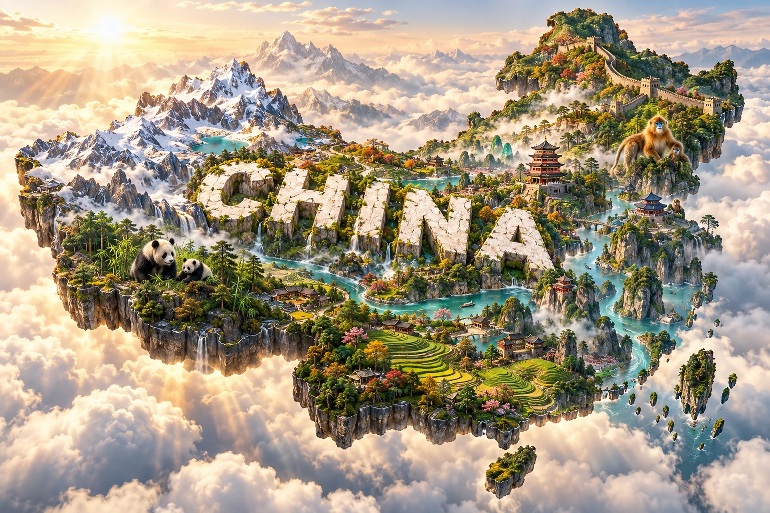 Conceptual 3D illustration of China with Great Wall sections, karst peaks, Himalayan mountains, rice terraces, waterways, pagodas, pandas and monkeys.