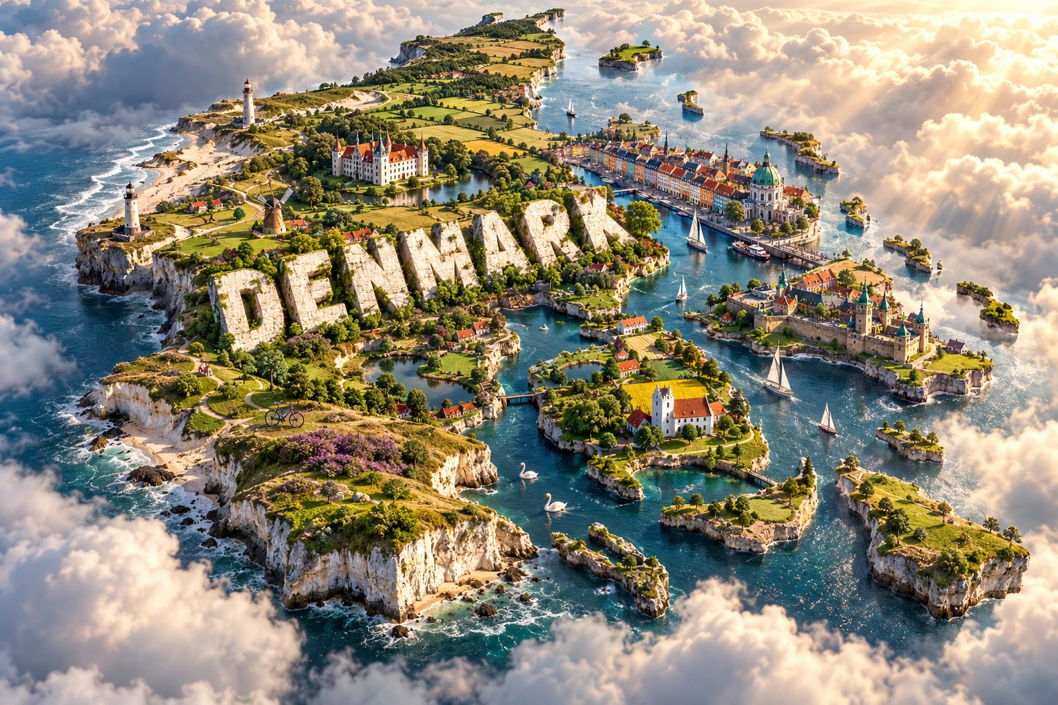 Conceptual 3D floating map of Denmark showing a colorful waterfront, castles, green farmland, white coastal cliffs, bicycles and swans among surrounding seas.