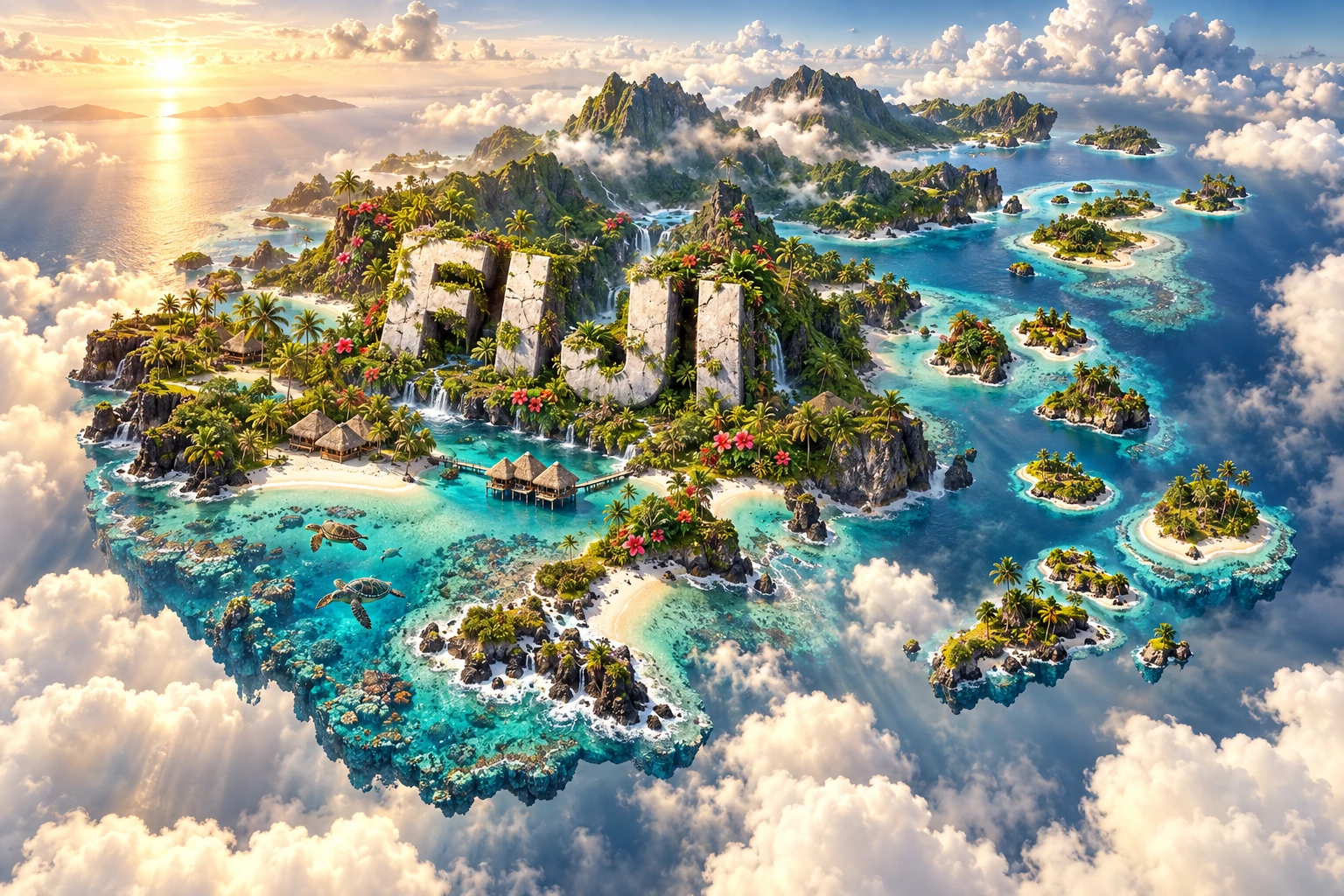 Conceptual 3D floating map of Fiji showing green volcanic mountains, turquoise lagoons, coral reefs, palm-lined beaches, a traditional bure-inspired building, tropical flowers and sea turtles.
