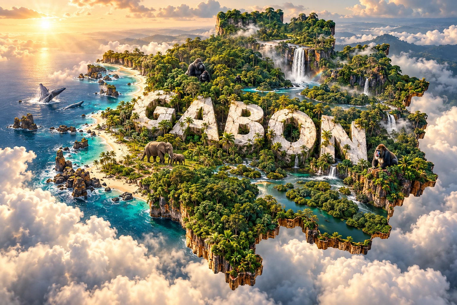 Conceptual 3D floating map of Gabon showing rainforest meeting Atlantic beaches, rivers and waterfalls, with forest elephants, gorillas, mandrills and whales offshore.