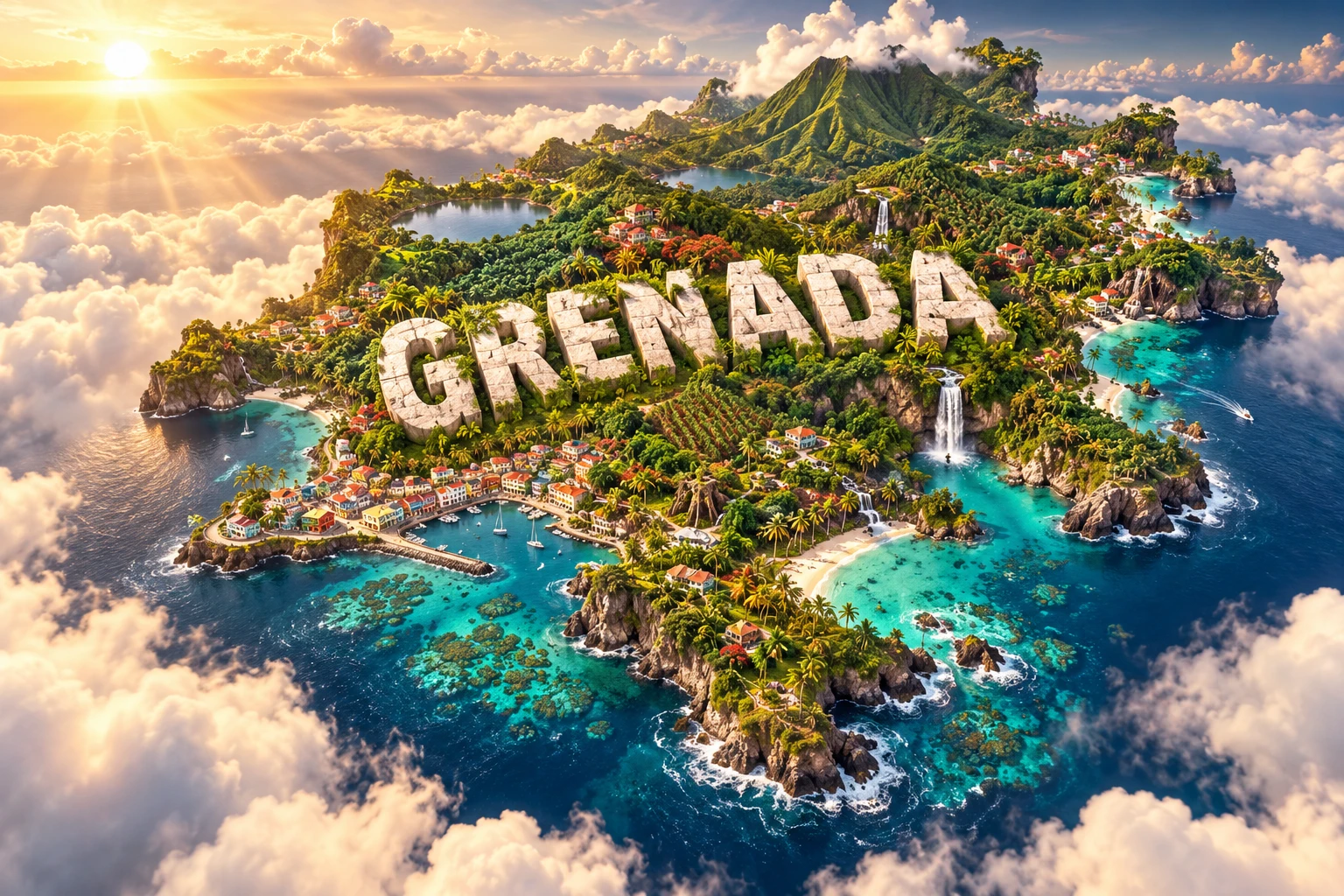 Conceptual 3D floating map of Grenada showing volcanic mountains, spice farms, waterfalls, turquoise coves, coral reefs and colorful villages.