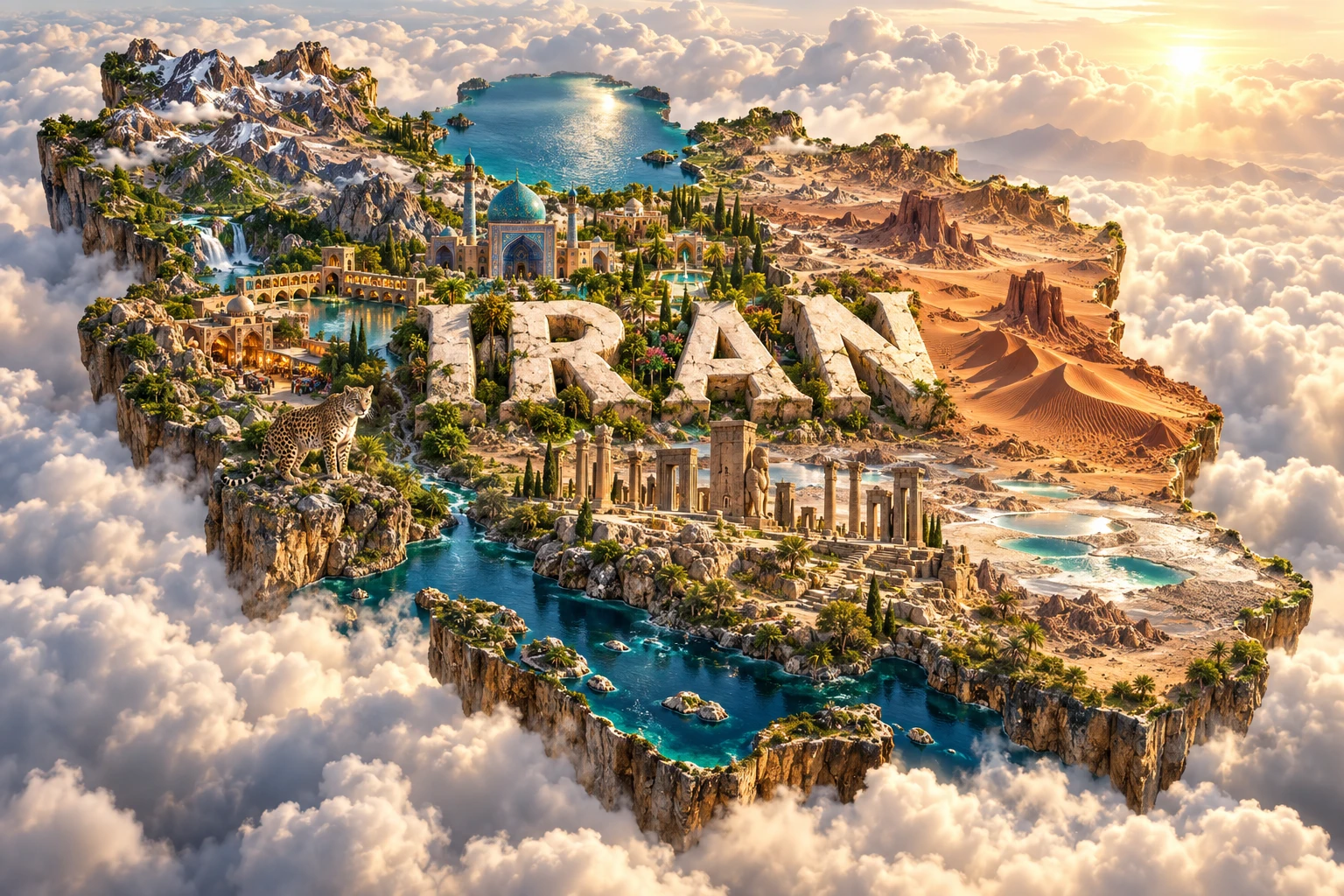 Conceptual 3D floating map of Iran with Zagros Mountains, Lut Desert, Persian gardens, turquoise domes, Persepolis-inspired ruins, bazaars, orchards and a Persian leopard.