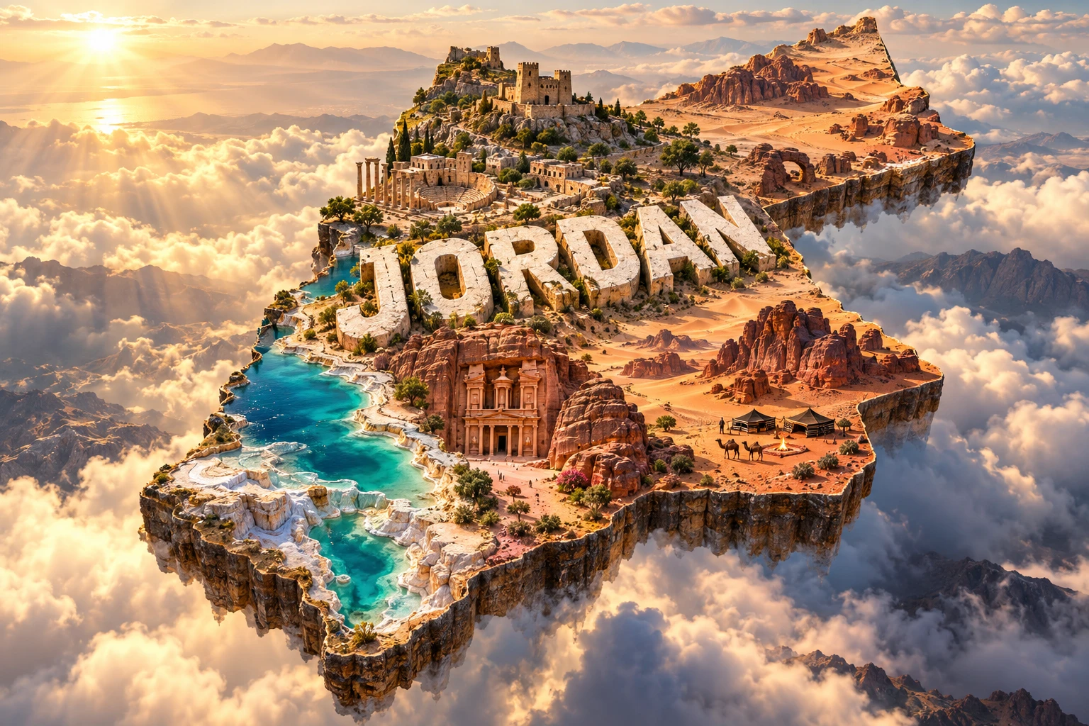 Conceptual 3D floating map of Jordan with Petra-inspired rock façades, Wadi Rum cliffs, Dead Sea shore, historic castles, desert camps and camels.