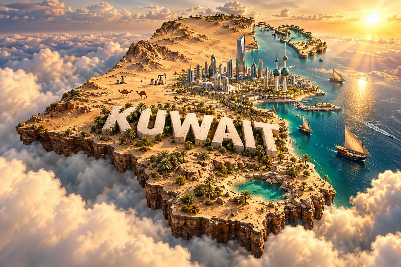 Conceptual 3D floating map of Kuwait with a modern skyline, Kuwait Towers-inspired structures, Gulf coast, desert, dhow boats, date palms and camels.