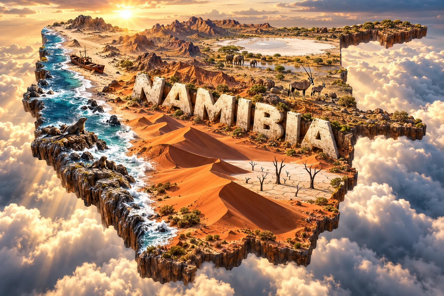 Conceptual 3D illustration of Namibia above clouds, combining red Sossusvlei dunes, Deadvlei trees, a foggy coast, desert mountains, Etosha Pan, oryx, elephants and seals.