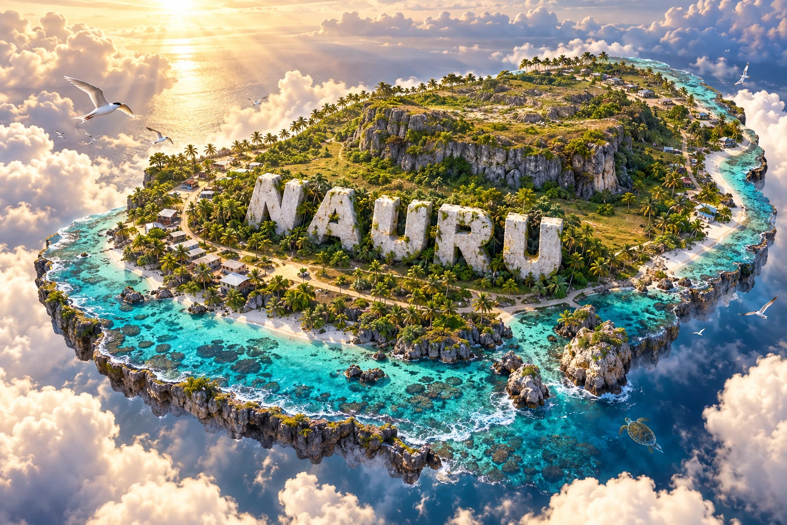 Conceptual 3D illustration of Nauru above clouds, combining a turquoise reef coast, palm-lined settlements, a raised plateau, seabirds and Pacific marine life.