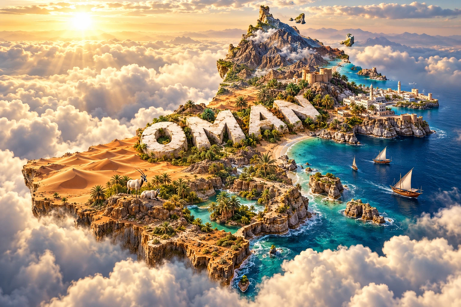 Conceptual 3D illustration of Oman combining Hajar mountains, desert dunes, turquoise wadi pools, white buildings, forts, date palms, an Arabian oryx, coastline and dhow boats.