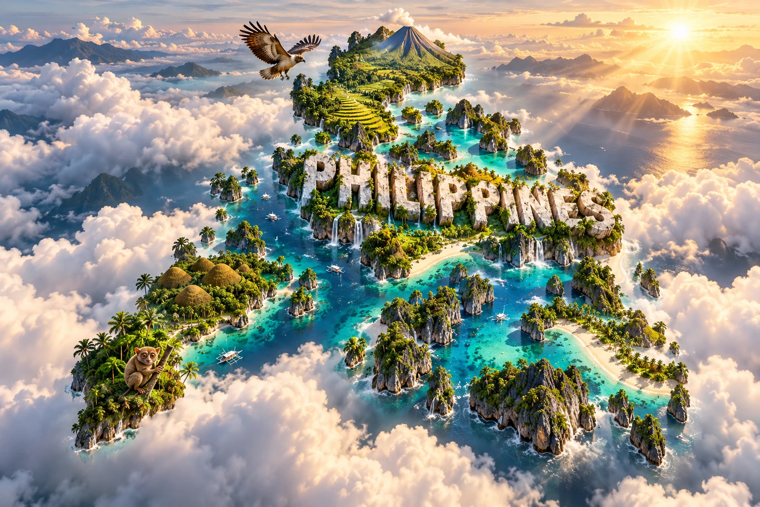 Conceptual 3D illustration of the Philippines combining rice terraces, Mayon Volcano, limestone islands, lagoons, beaches, coconut palms, Philippine eagles and tarsiers.