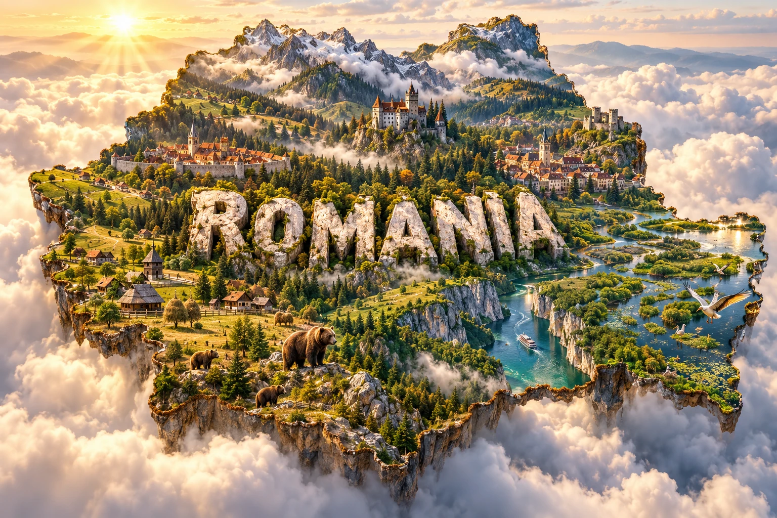 Conceptual 3D illustration of Romania combining Carpathian peaks, Transylvanian-style castles, medieval towns, forest villages, Danube Delta wetlands and brown bears.