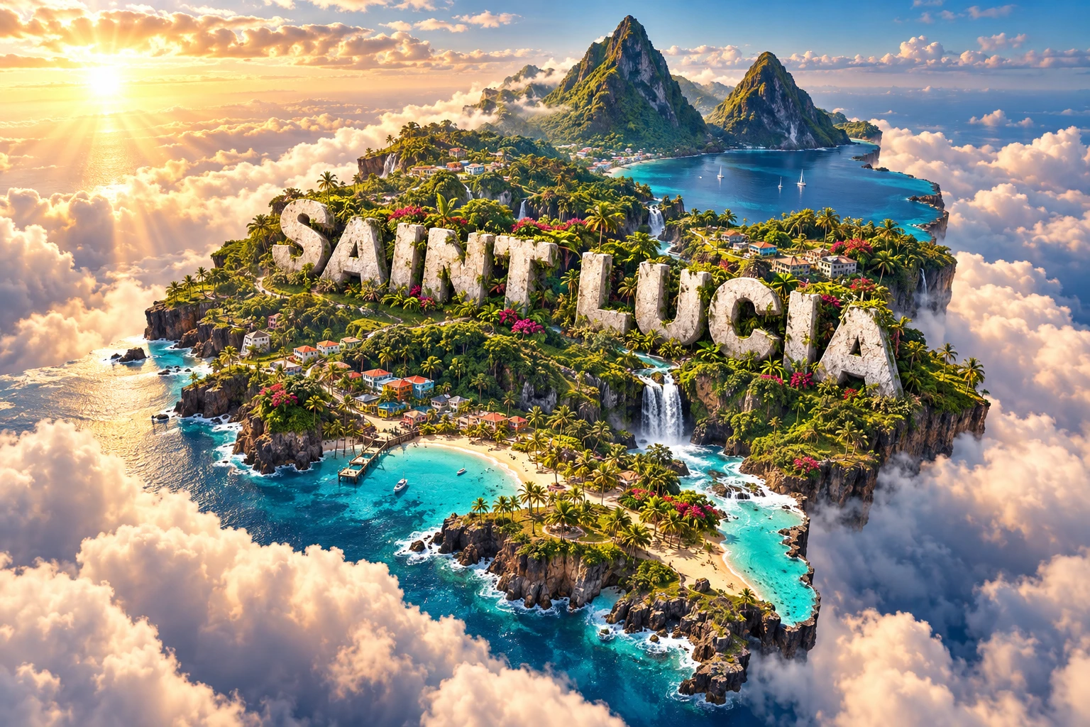 Conceptual 3D illustration of Saint Lucia combining the Pitons, lush rainforest, waterfalls, volcanic beaches, turquoise coastal water, tropical flowers and colorful villages.