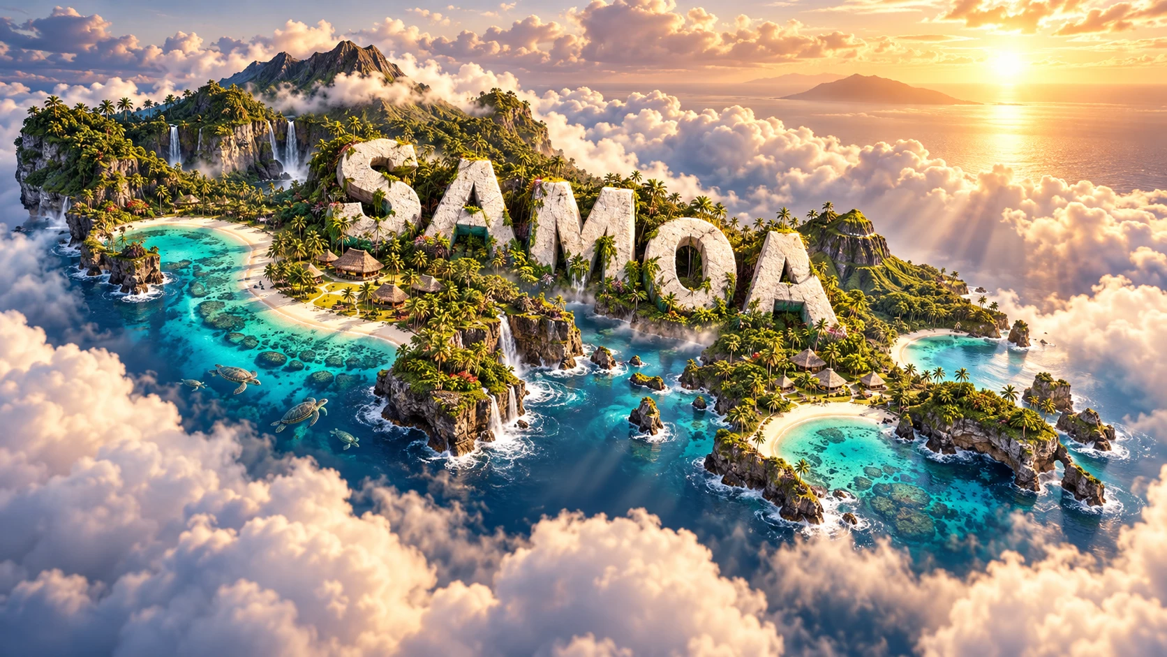 Conceptual 3D illustration of Samoa combining volcanic peaks, waterfalls, turquoise beaches, rainforest, open-sided fale architecture, palms and sea turtles.