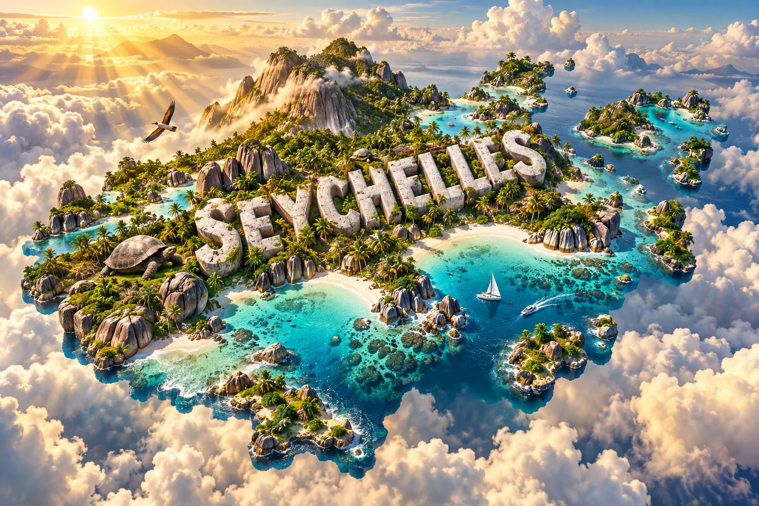Conceptual 3D illustration of Seychelles combining granite boulders, white beaches, turquoise lagoons, palms, coral reefs, giant tortoises and tropical birds.
