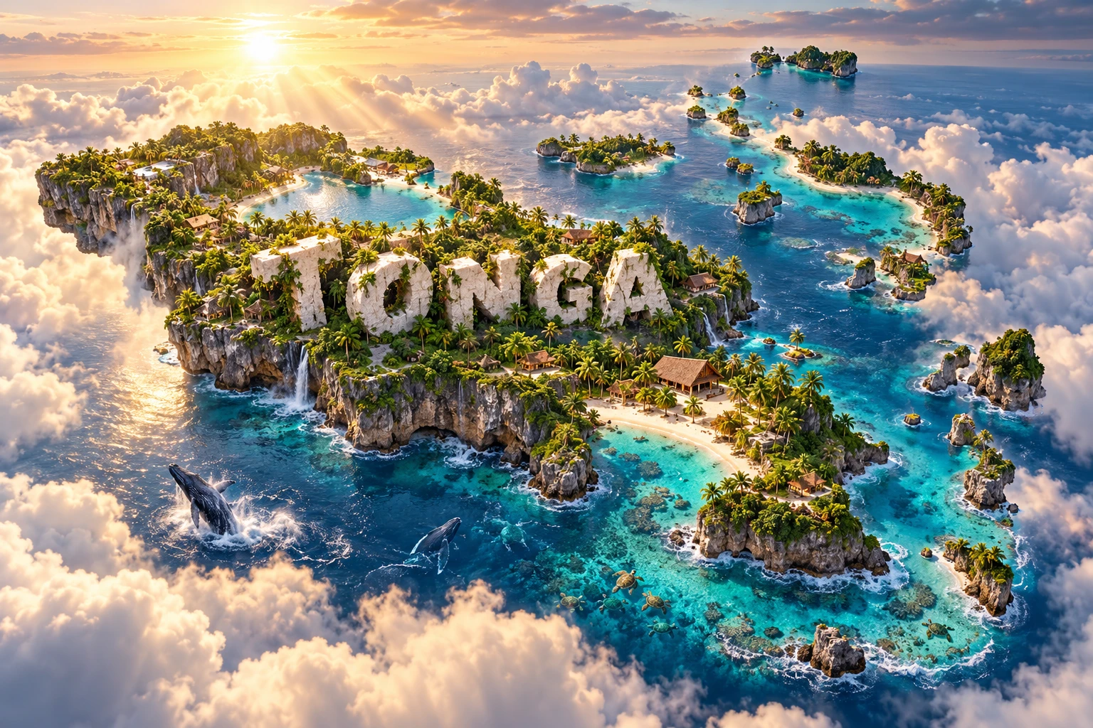 Illustrated floating map of Tonga combining coral beaches, limestone cliffs, tropical forest, Polynesian-inspired buildings, humpback whales and sea turtles.