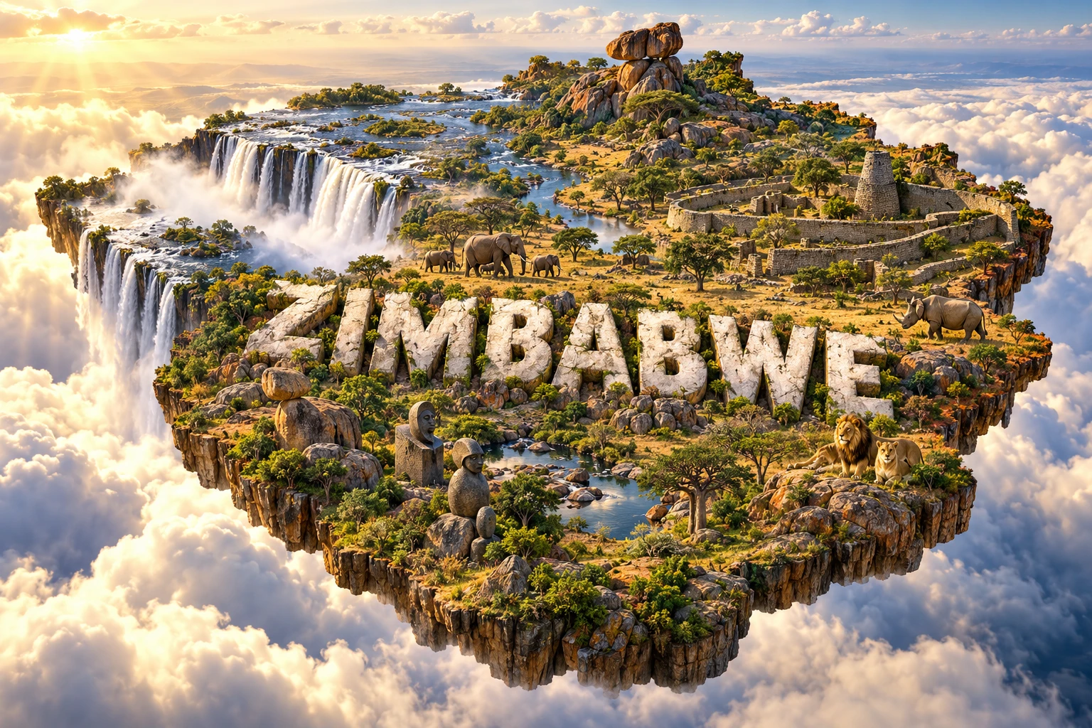 Conceptual 3D illustration of Zimbabwe combining Victoria Falls, Great Zimbabwe-style walls, balancing granite rocks, Matobo hills, elephants, lions and rhinos.