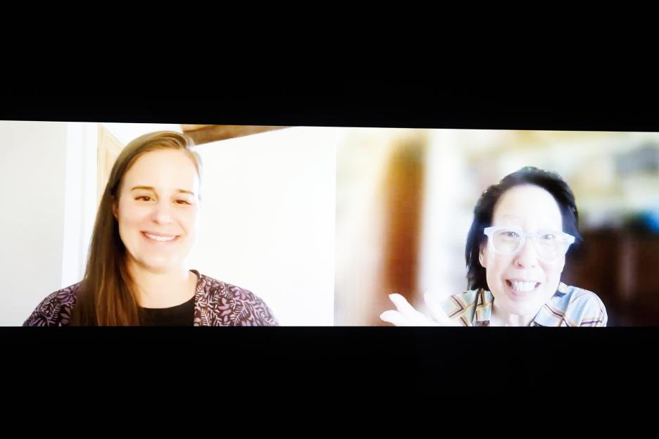 Lauren Groff and Gish Jen talk over Zoom.