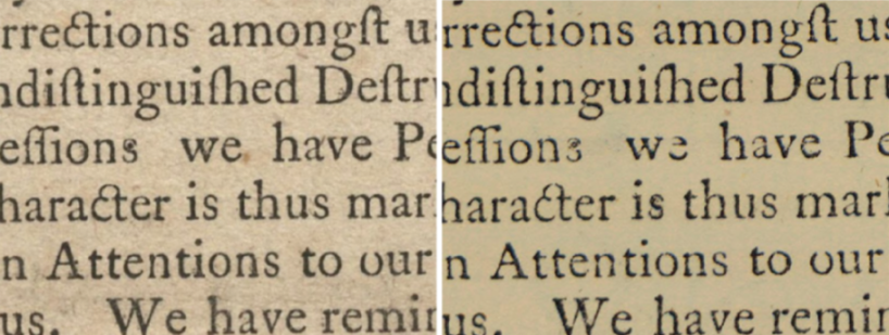 Side-by-side comparison of two original copies of the Declaration of Independence.