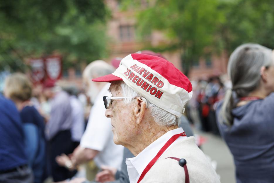 An alum wearing a “Harvard 25th reunion” hat during Harvard Alumni Day, 2025.