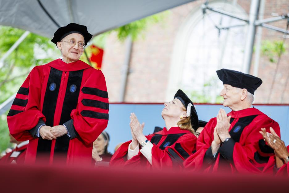 Honorands Noel Malcolm (from left), Peggy Noonan, and Geoffrey Hinton are pictured during their conferral.
