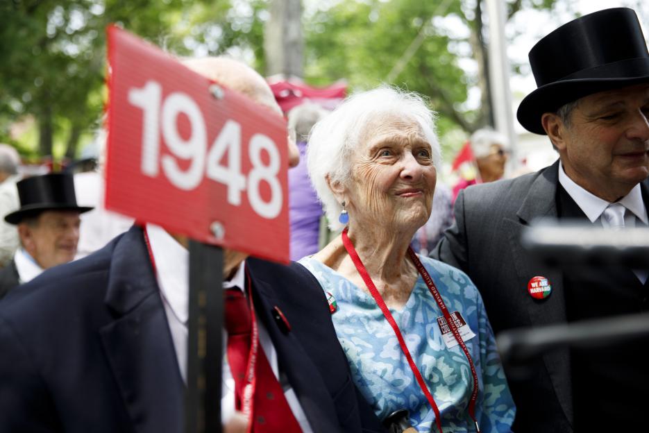 Joan Gordon smiles as she takes in Harvard Alumni Day, 2025.