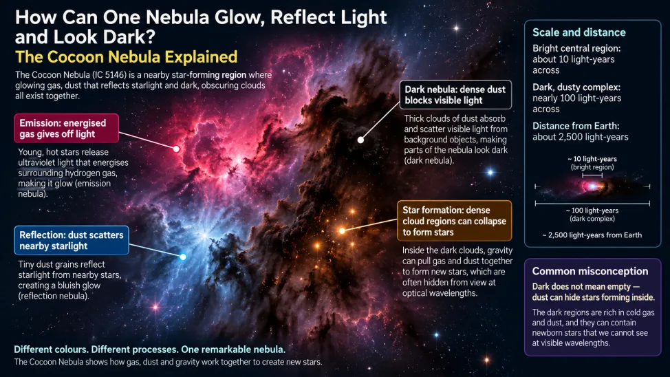 How Can One Nebula Glow, Reflect Light and Look Dark? The Cocoon Nebula Explained